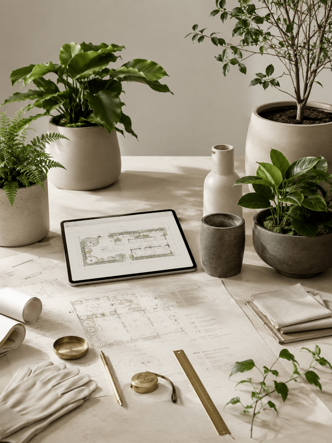 Curated plant culture wall with warm organic material.